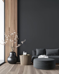 Minimalist zen apartment interiors design in calming colors with minimal furniture and copy space. Oriental inspired Real Estate luxury property.