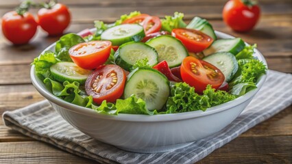 Freshly prepared healthy meal featuring crisp lettuce, juicy tomatoes, and refreshing cucumber slices in a clean white ceramic bowl.