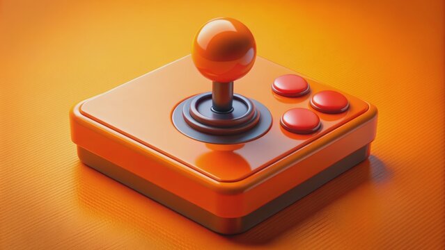 Vibrant orange backdrop showcases a nostalgic retro arcade joystick with bold colors and chunky design, evoking 80s gaming nostalgia.