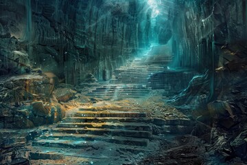 Fototapeta premium Ancient temple stairs lead to a bright light in the distance