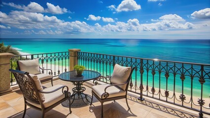 Fototapeta premium Exquisite balcony adorned with ornate railings and lavish furnishings overlooks radiant turquoise ocean waters and horizon under serene sky.