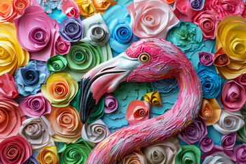 Fototapeta premium Pink Flamingo Amidst Colorful Paper Roses