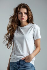 Fototapeta premium White tshirt mockup on woman model created with Generative AI