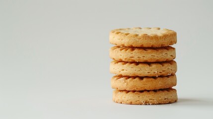 Three round biscuits stacked on white background with space for text