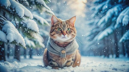 Adorable whiskered feline wrapped in warm winter jacket stands alone amidst serene frosty landscape of snow-covered trees.