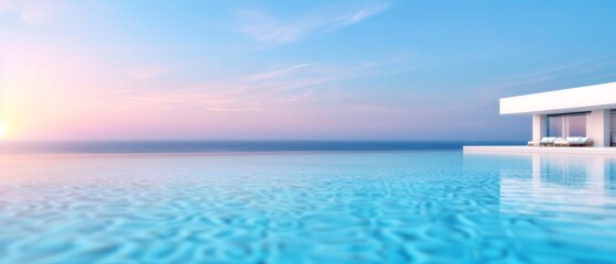 Obraz premium A large swimming pool facing the ocean with the sun rising over its horizon