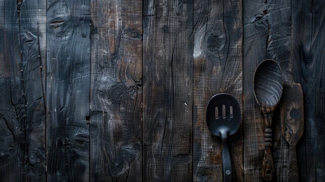 Weathered wooden background with dark utensils