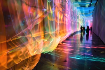 Fototapeta premium Vibrant lights illuminate a man standing in front of a colorful wall, adding a lively touch to the scene, Dynamic patterns of light weaving through the scene, AI generated
