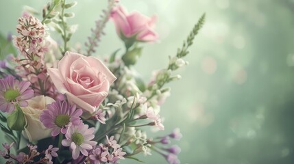 Pastel style floral arrangement on green background with selective focus