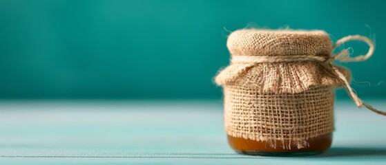  A jar of honey in tight focus on a blue backdrop A length of twine atop the jar