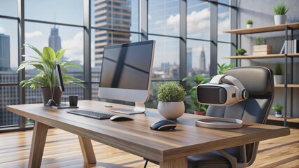 Fototapeta premium Futuristic virtual reality headset and sleek computer terminal sit atop polished wooden desk amidst modern office's sleek, minimalist decor.