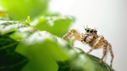 Fototapeta premium Macro picture of a spider with a web with large eyes and paws.