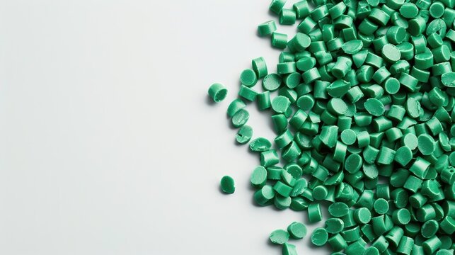 Polypropylene and polyamide granules in green on a white backdrop Plastic and polymer sector Space for text