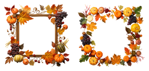 Pumpkin and autumn leaves frames. Seasonal holiday decor isolated on a transparent background.