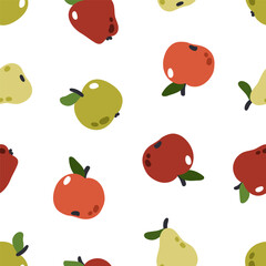 Apples and pears, seamless pattern. Garden fruits print, repeating endless background, texture for textile, fabric, wrapping and wallpaper design. Repeatable printable flat vector illustration