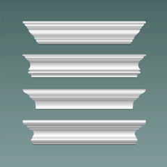 Classic cornice molding set isolated on background. Vector realistic illustration of antique architecture decoration, luxury home interior design, plastic or wooden element for ceiling, floor design