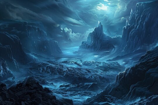 Mystical moonlit icy mountain landscape with glowing blue crystals