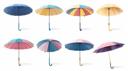 Obraz premium Abstract Collection of Yellow, Orange, and Mustard Umbrellas on White Background. Multiple Angles of Artistic Umbrella Design Mockup Template. AI-Generated, 4K High-Definition Wallpaper.