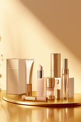 Cosmetic set, placed on a gold counter, gold background, clean and tidy