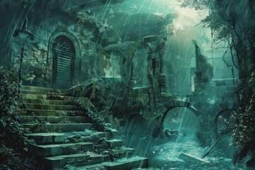 Ancient ruins of a forgotten city overgrown by jungle vegetation