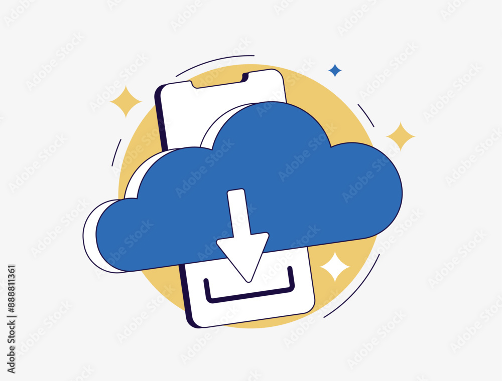 Poster Cloud storage mobile app - data backup, file sharing and online storage with secure access. Cloud syncing with mobile devices. Digital storage with remote access vector illustration with icons