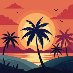 Silhouettes of Palm Trees And Orange Sun Vector Illustration Art