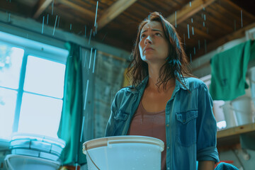 Sad woman stands With a bucket in her hand and looking up. Water Drips into Buckets, Roof is Leaking