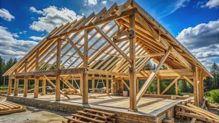 A traditional construction method, wooden rafters, trusses, and beams forming a rustic, angular, yet sturdy roof structure, awaiting finishing touches.