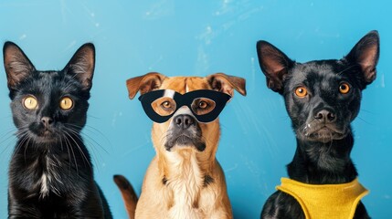 Pets and hero in masks with robbers on blue background festive theme