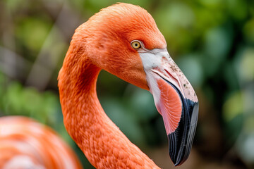 Close up of pink flamingo in soft peach and pink colors
