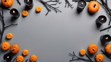 Halloween background, still life with flat lay composition of black candles, small pumpkins, dried branches over gray. Top view, Lots of empty space, empty space.