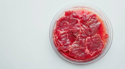 Raw cultured meat in Petri dish on white lab table text space