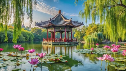 Obraz premium Serenene Chinese pavilion amidst blooming lotus flowers near tranquil lake under majestic willow trees with intricate classical illustration style.