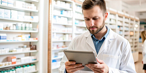 Pharmacist Using Digital Tablet in Pharmacy. A young male pharmacist in a white lab coat is using a digital tablet in a pharmacy. He is looking at the screen and appears to be working on something. 