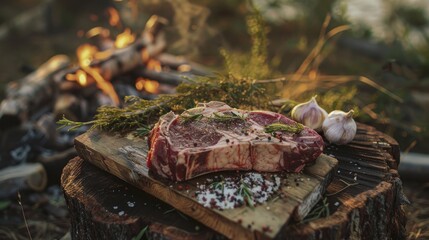 Preparation of rib eye steak on birch stump in sunset light with seasoning ingredients