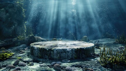 Underwater podium with stone stand and seaweed, perfect for showcasing products in a 3D ocean scene.