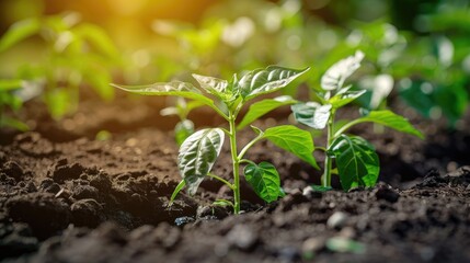 Planting organic pepper seedlings in garden beds with selective focus Home gardening and horticulture banner