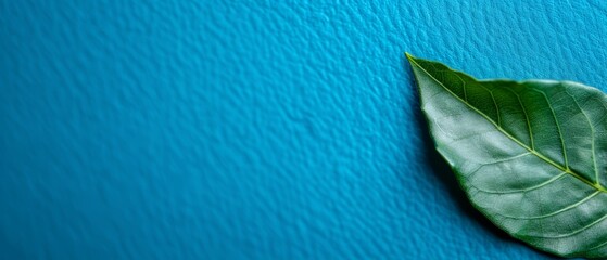  A large green leaf lies on a blue surface, next to a smaller one, both resting on the blue surface