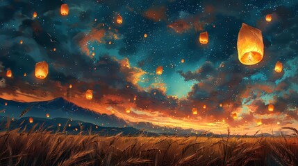 Sky lanterns floating in night sky - generative ai