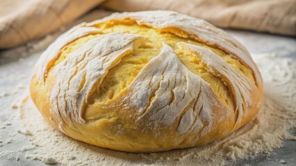 Fototapeta premium Soft, fluffy, golden brown fresh bread dough isolated on white background, wrinkles and folds visible, awaiting baking transformation.