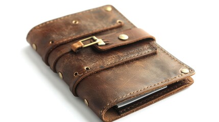 Brown leather personal planner with gold press stud viewed from the front on a white background