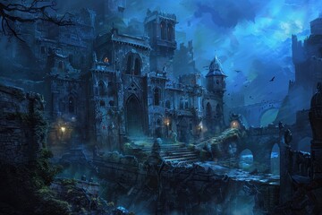 Ancient castle ruins stand tall and mysterious in the moonlight
