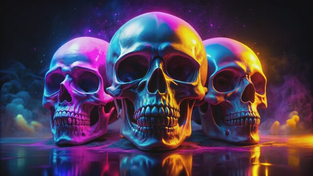 Dark ominous neon-lit skulls in purple, yellow, and blue hues against a mysterious black backdrop, exuding an eerie, ominous atmosphere.