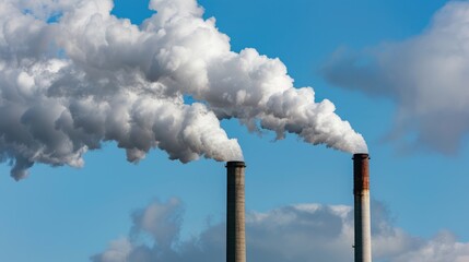 Smoke emissions from two factory chimneys causing air pollution with white clouds against a blue sky