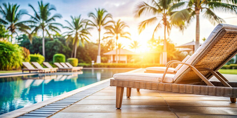 Tropical Resort Luxury Poolside Relaxation. Escape to paradise with this tranquil scene of sun loungers by the crystal-clear pool, surrounded by lush palm trees and a luxurious resort backdrop. 