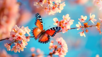 Obraz premium Vivid Morpho Butterfly on Cherry Blossoms with Blue Sky Background Butterfly and Sakura Flowers Blank Area for Copy