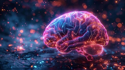 Fototapeta premium Neon brain with digital network - generative ai