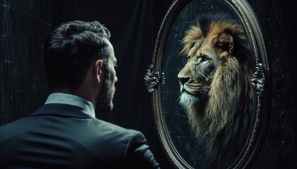 Businessman gazing into a mirror, lion reflection staring back, leadership concept, dim light, side angle, deep shadows
