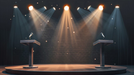 speech podium, Debate stage for political election, talk show stage with microphone, spotlight over the stage