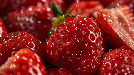 a close up of a pile of strawberries